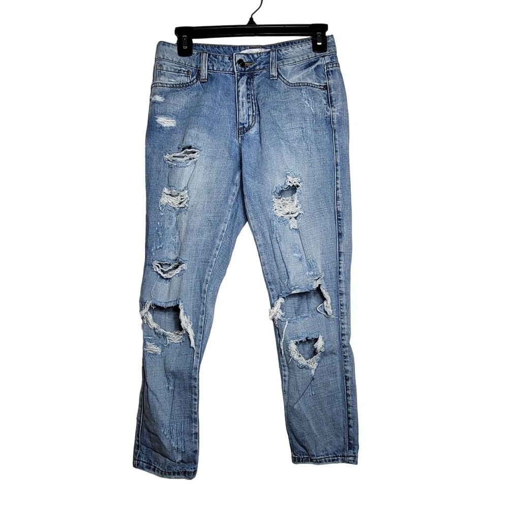 Kancan‎ Womens Distressed Cropped Denim Blue Jeans 1 Casual Basic Destroyed Fray